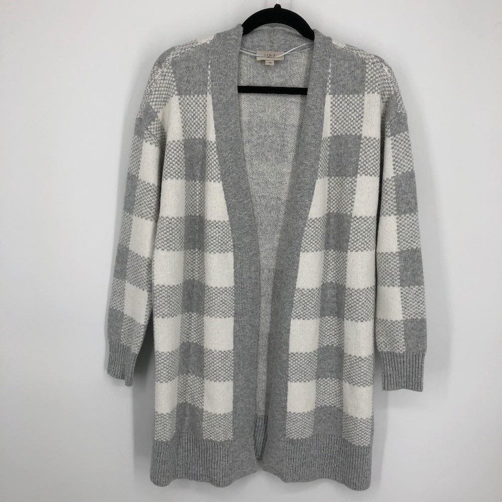 Loft Womens Cardigan Size Medium White Gray Check Plaid Thick Stretch Open Front